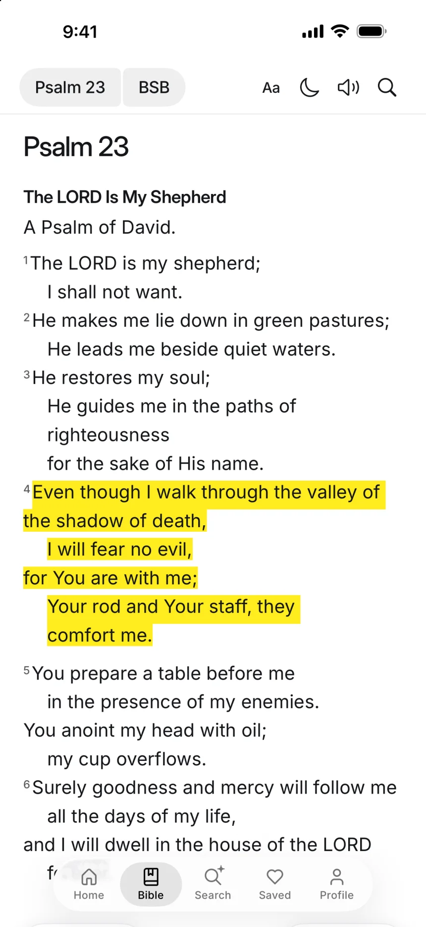 Psalm 23 in the Bible reader, set as poetry, with verse 4 highlighted.