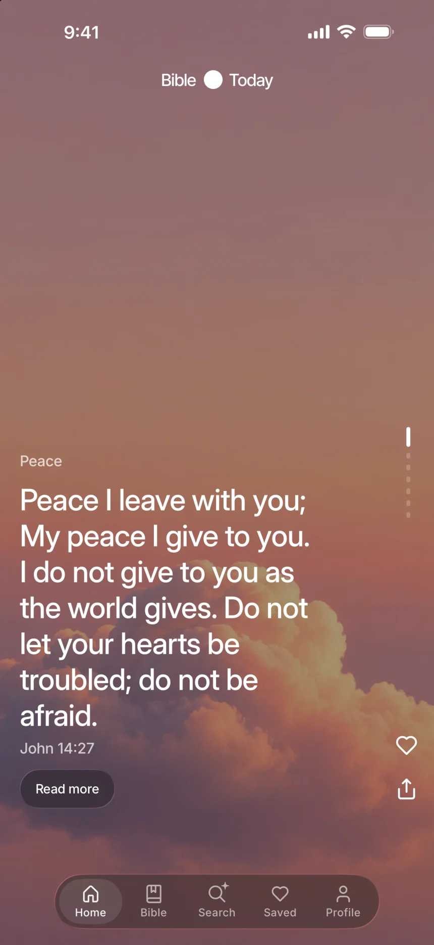 Home: “Peace I leave with you; My peace I give to you.” John 14:27, over a pink cloud.