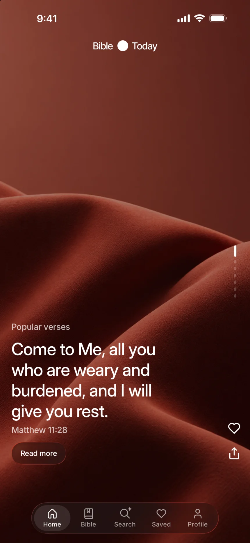 Home: “Come to Me, all you who are weary and burdened.” Matthew 11:28, over red cloth.
