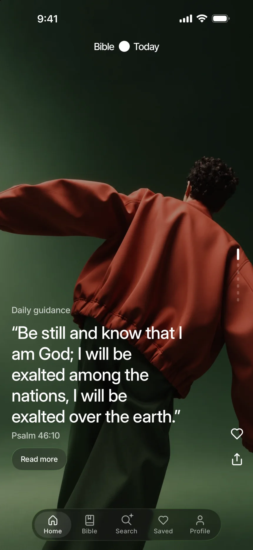 Home: “Be still and know that I am God.” Psalm 46:10, over a person in a red jacket.