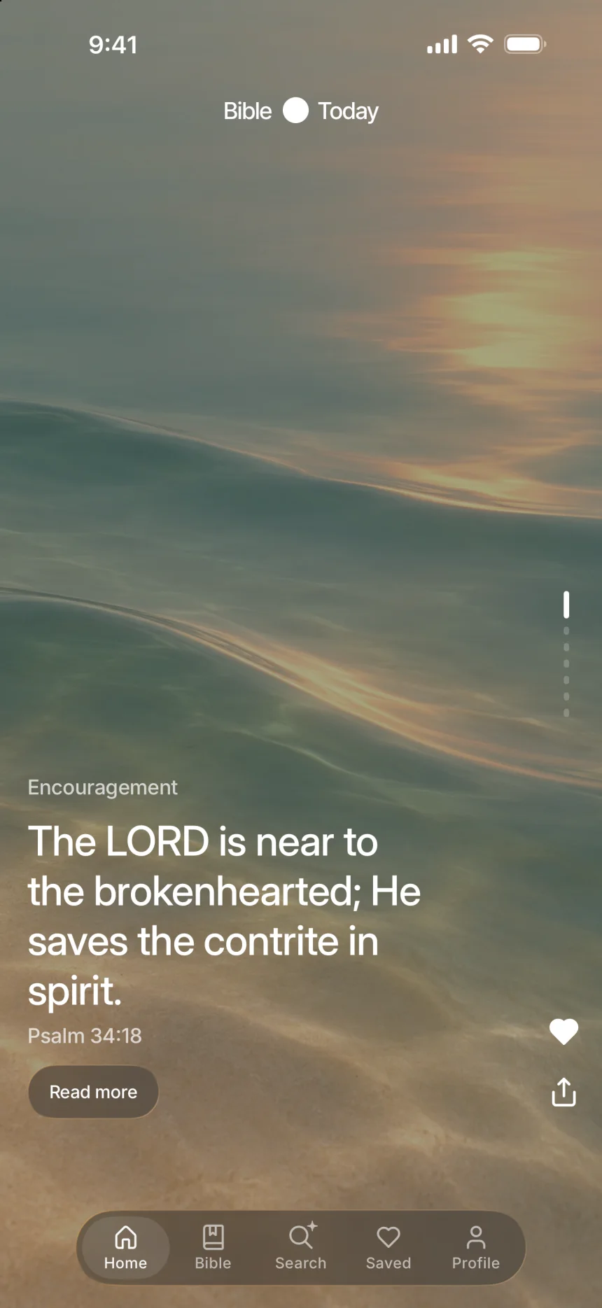 Home: “The LORD is near to the brokenhearted.” Psalm 34:18, over clear water.