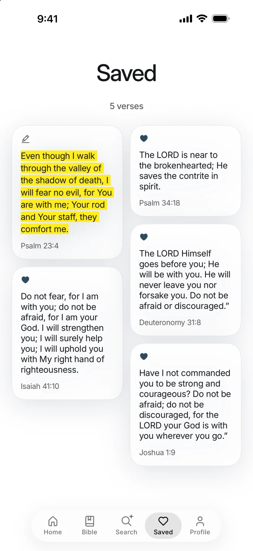 Saved: liked verses and a highlight in a two-column grid.
